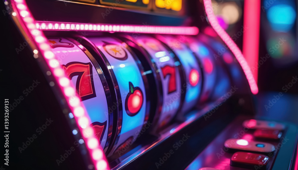 Bright slot machine reels spin with glowing symbols of cherries sevens and bars. Casino entertainment, gambling, jackpot prize, game, luck, fun, casino nightlife, vibrant, casino venue.