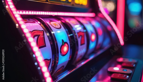 Obraz na płótnie Bright slot machine reels spin with glowing symbols of cherries sevens and bars. Casino entertainment, gambling, jackpot prize, game, luck, fun, casino nightlife, vibrant, casino venue. w salonie