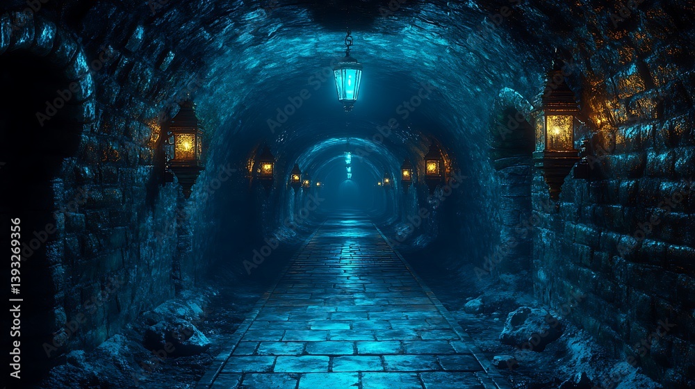 Naklejka premium Mysterious lantern-lit hallway leads forgotten cave secrets revealed deep below Photo