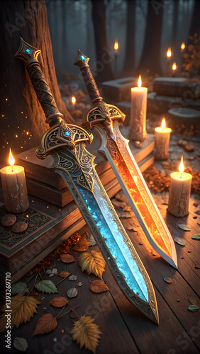 Glowing fantasy daggers with blue energy on altar among candles, magical weaponry concept design
