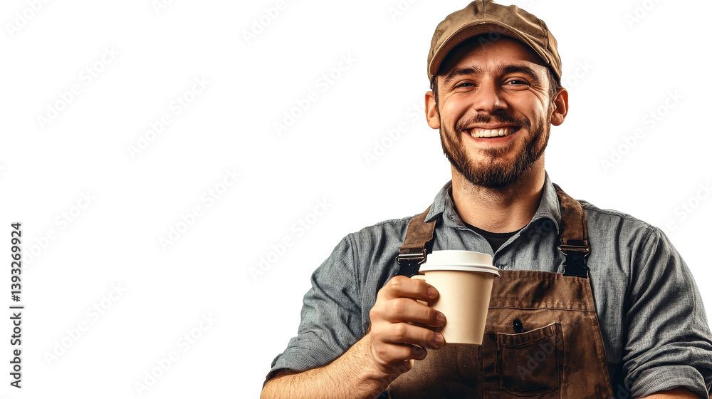 Smiling barista holding coffee cup, cut out transparent Smiling barista holding coffee cup, cut out transparent