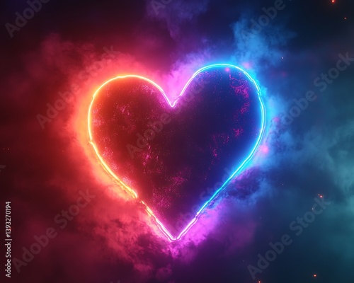 A brightly glowing heart shape with neon colors and smoky background
