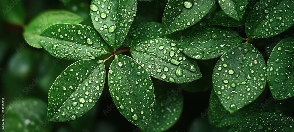 Fototapeta premium Lush Green Leaves Covered in Water Drops Showcasing Nature's Refreshing Beauty and Resilience : Generative AI