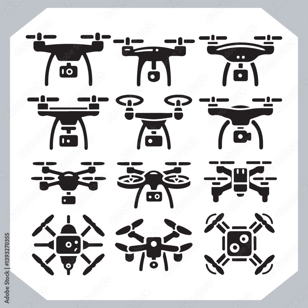 Elegant Drone Icon Set Featuring Outline Line Art in Multiple Designs