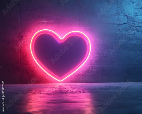 A glowing neon heart symbol glows against a textured wall surface