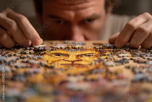 Intensely focused man assembling a lion-themed jigsaw puzzle, showcasing concentration, problem-solving skills, and dedication to completing a challenging task.