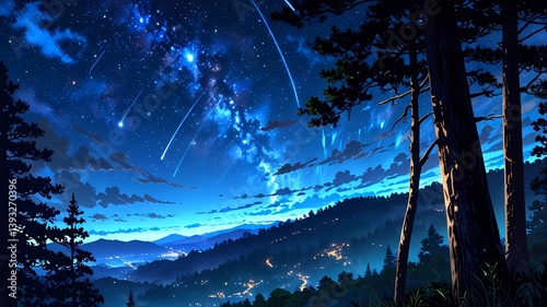 Night Sky Serenity: A breathtaking celestial panorama unfolds over a tranquil forest and undulating hills, captured in a timeless artistic display.
