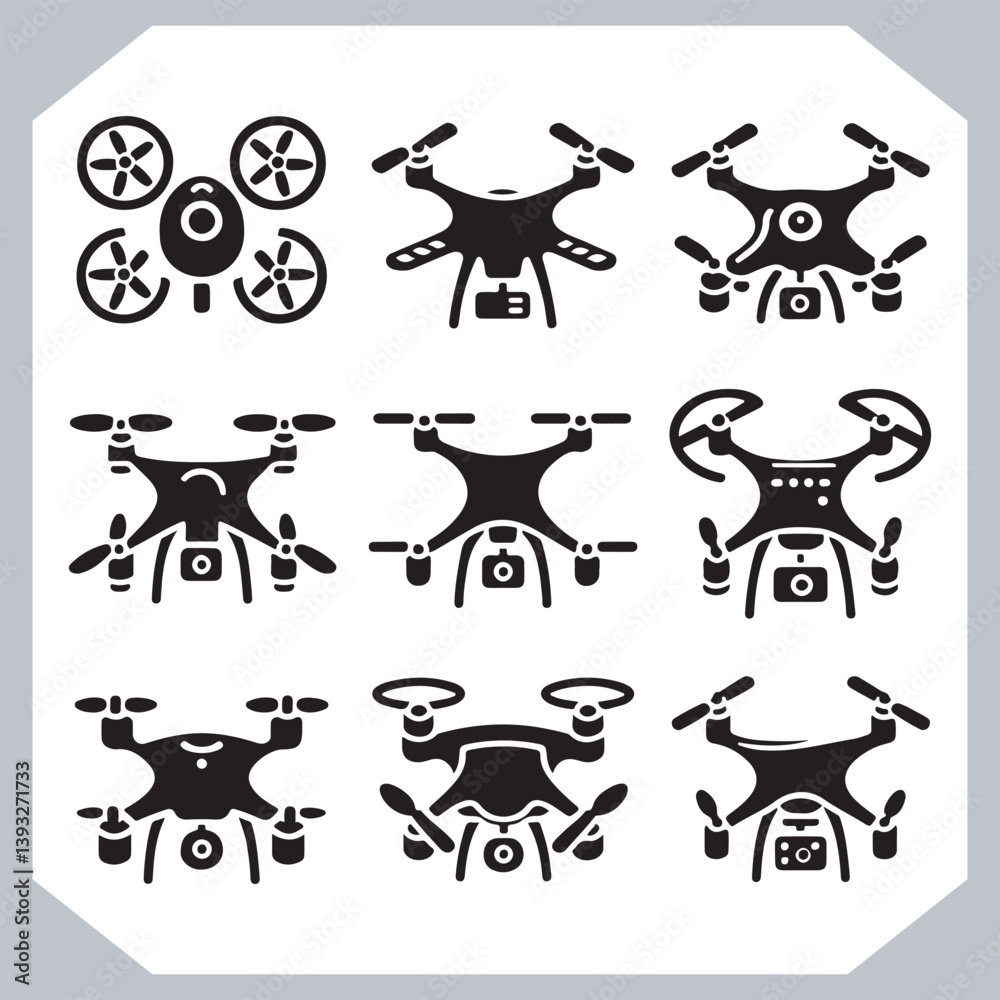 Elegant Drone Icon Set Featuring Outline Line Art in Multiple Designs