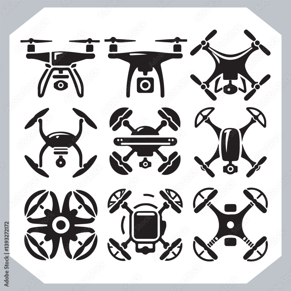 Elegant Drone Icon Set Featuring Outline Line Art in Multiple Designs