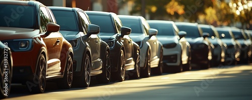 Row of New Cars Lined Up on City Street on a Sunny Day Automotive Dealership Inventory for Sale Transportation Concept : Generative AI