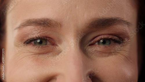 Open eyes woman girl close up face eyelashes blink looking at camera unrecognizable businesswoman female beautiful lady eyesight gaze vision extreme eye opening happy smile business employer portrait