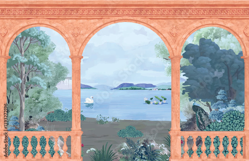 Greek, Roman, Greek arch with river, garden, peacock, sawn, wallpaper Illustrations. Roman architecture, landscape illustration for wallpaper.