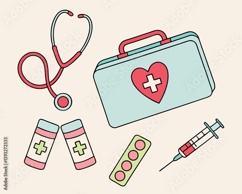 Open First Aid Kit with Heart and Cross Surrounded by Medical Supplies.