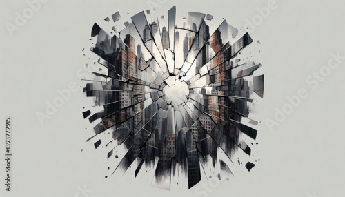 Cracked broken mirror of reality of a cityscape, fractured perception of reality and the decay of modern life
