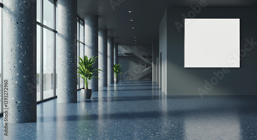 A spacious, modern lobby with polished terrazzo flooring in blue and gray tones. Large windows along one wall overlook the exterior facade, and two potted plants with green leaves.