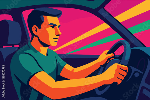 Man is driving a car and is holding the steering wheel