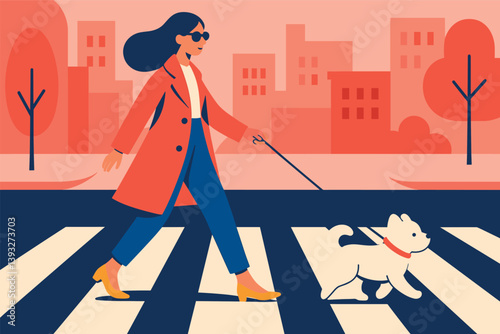 Woman is walking her dog across a crosswalk