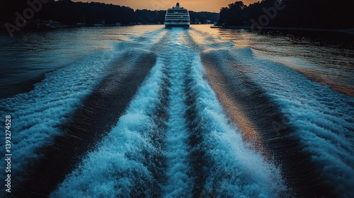 Cruise ship wake at sunset.  Powerful, elegant,  water trails