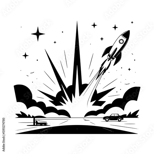 Rocket Launch Silhouette: Black and White Retro Space Travel Illustration