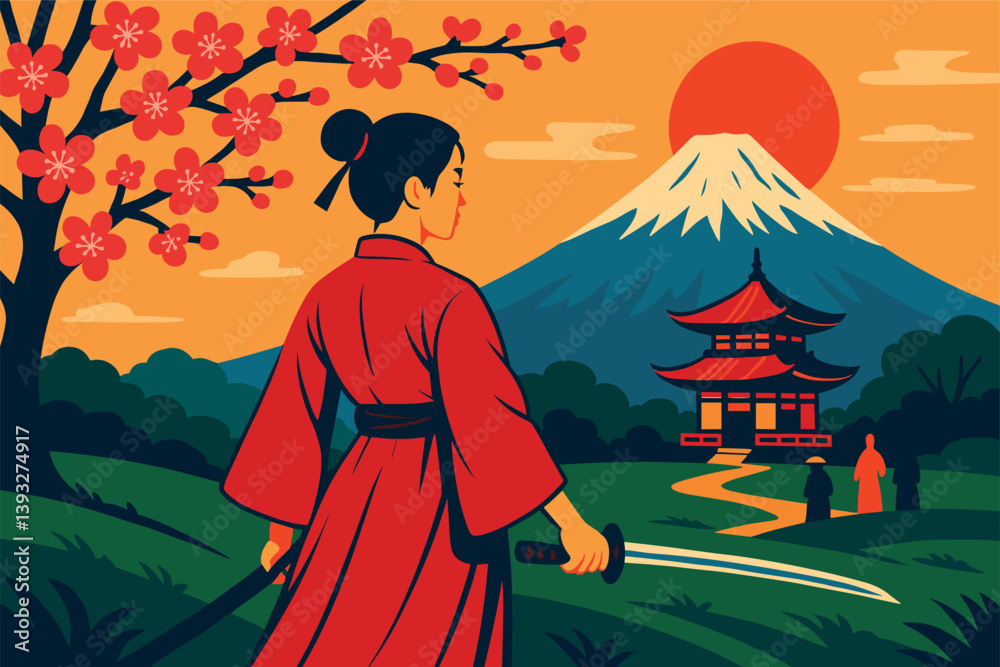 Fototapeta premium Woman in a red kimono is holding a sword