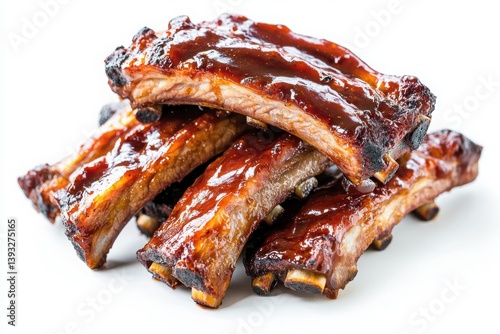 A stack of barbecue ribs glazed with sauce on a white surface close up