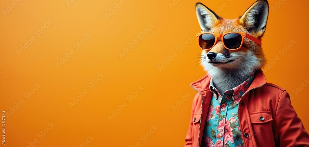 Obraz premium Fox in funky fashion clothes, dark shades sunglasses poses. Cool animal dressed in jacket, floral shirt. Modern illustration, stylish, trendy look. Wide banner with copy space for design, web print.