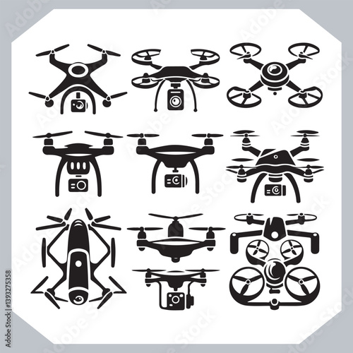 Obraz na płótnie Collection of Drone Silhouettes and Icons in Modern Line Art Style w salonie