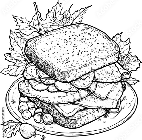 Turkey and Cranberry Sandwich coloring book vector design, Turkey and Cranberry Sandwich vector illustration