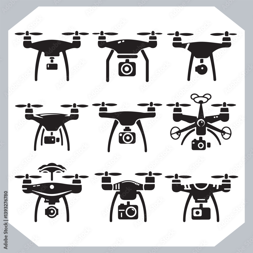 Collection of Drone Silhouettes and Icons in Modern Line Art Style