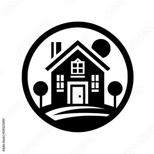 Simple Home Icon Within Circle, Black & White, Silhouette