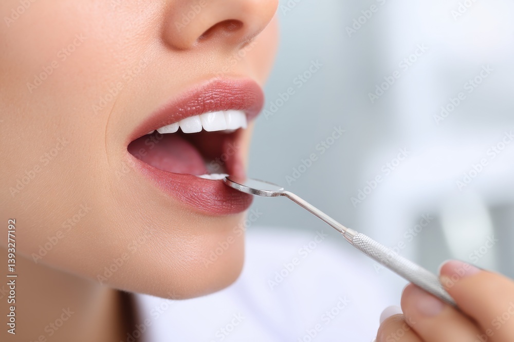 Naklejka premium Close-up shot of a dentist examining a patient's perfect teeth using a dental mirror, showcasing oral hygiene and dental care in a modern clinic setting.