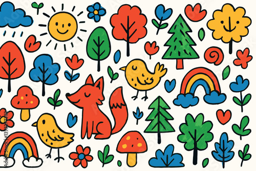 Drawing of a forest with a fox, a bird, and a mushroom