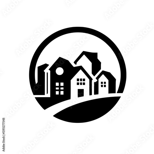 Minimalist Real Estate Logo: Houses in Circle - Black & White