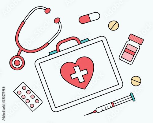 Open First Aid Kit with Heart and Cross Surrounded by Medical Supplies.