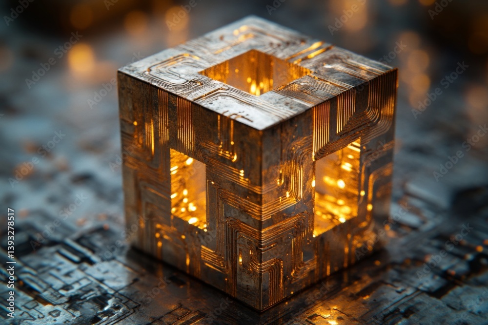 Fototapeta premium Miniature wooden house with glowing windows placed on snowy surface under soft light
