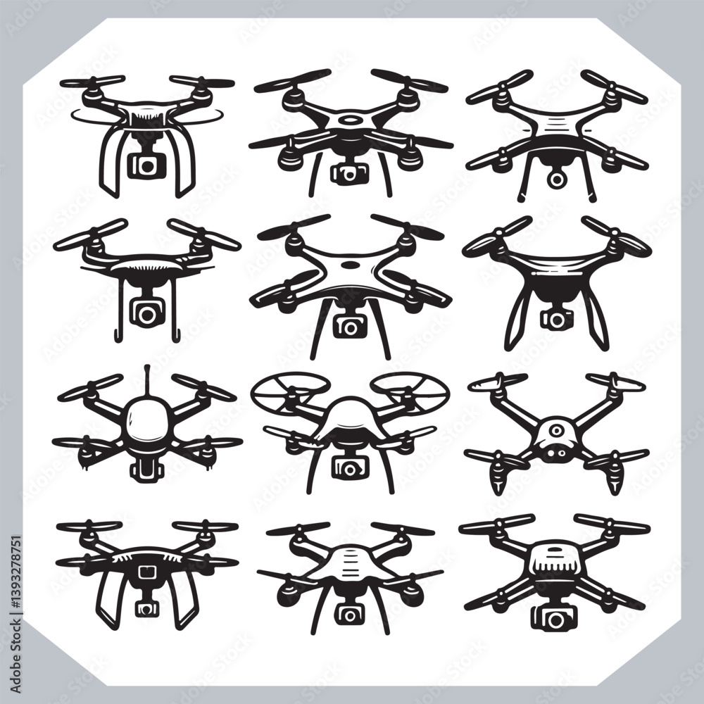 Drone Silhouettes in Various Shapes and Designs with Elegant Line Art Style