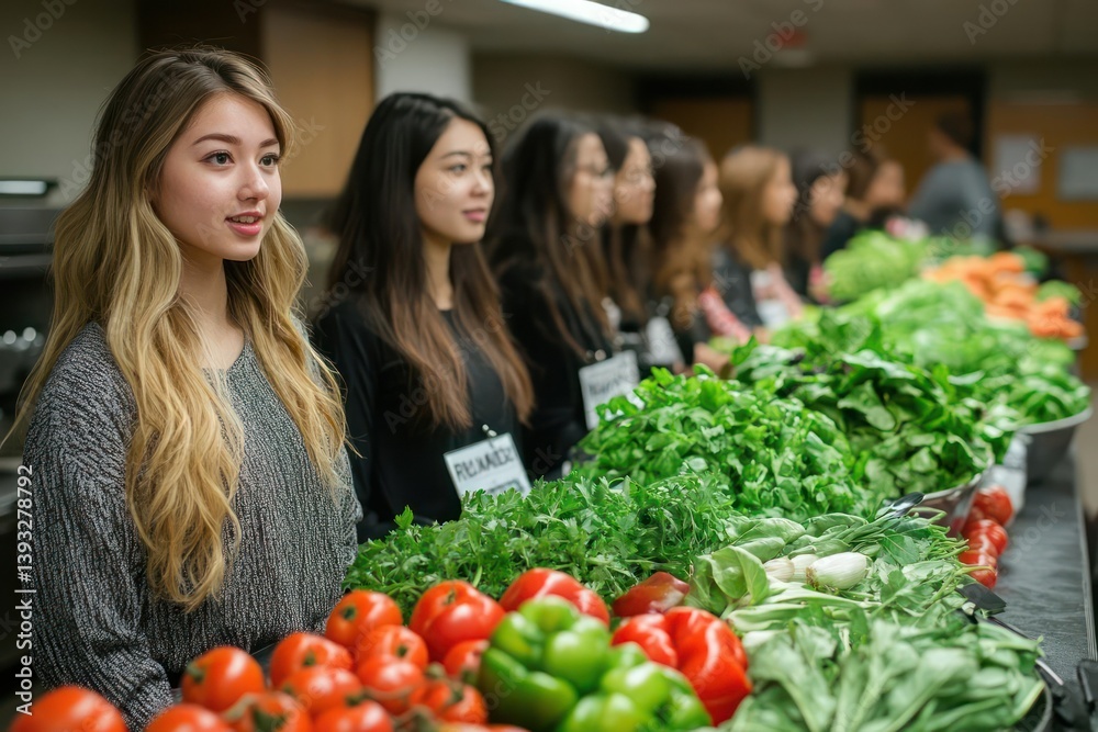 Diverse group of young women at a fresh produce display Diverse group of young women at a fresh produce display