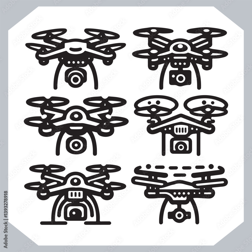 Drone Silhouettes in Various Shapes and Designs with Elegant Line Art Style