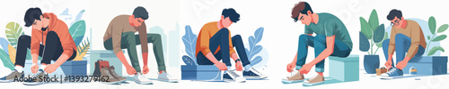 Vector of a young man tying his shoelaces.