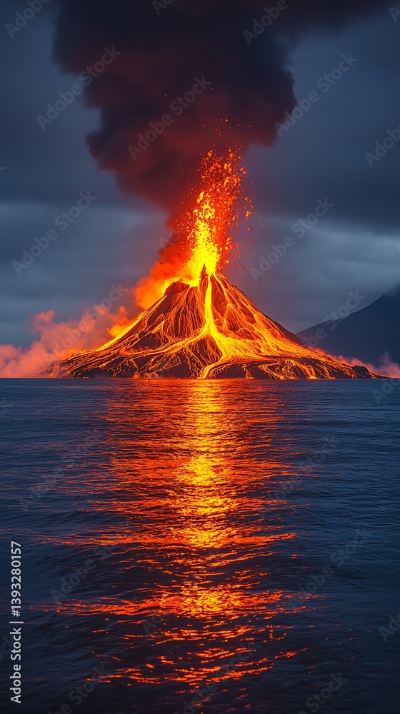 A Volcanic Island Erupts Violently With Lava And Smoke A Volcanic Island Erupts Violently With Lava And Smoke