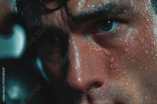 Extreme close-up of a focused and sweaty athlete's face after a strenuous workout, showing determination and hard work in achieving fitness goals.