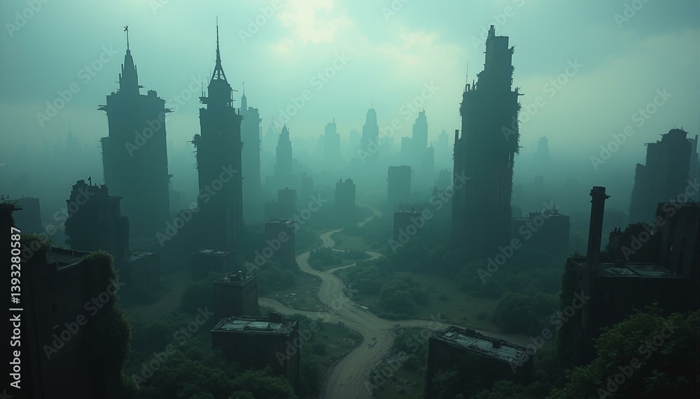 Obraz premium A desolate, post-apocalyptic landscape with crumbling buildings, rusting skyscrapers, and overgrown vegetation.