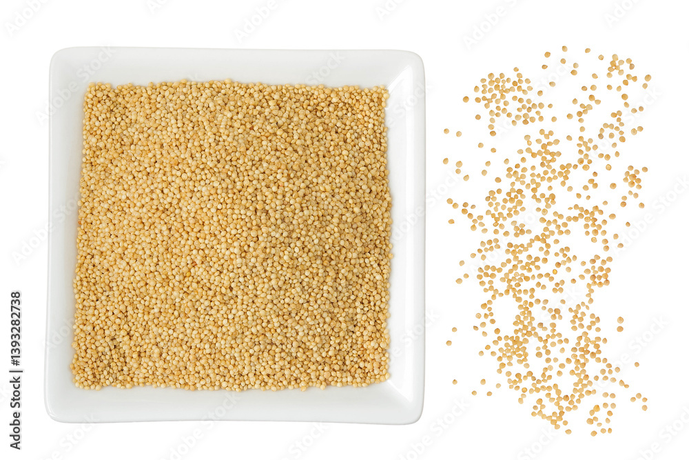 Amaranth grain seeds in ceramic bowl isolated on white background. Top view. Flat lay