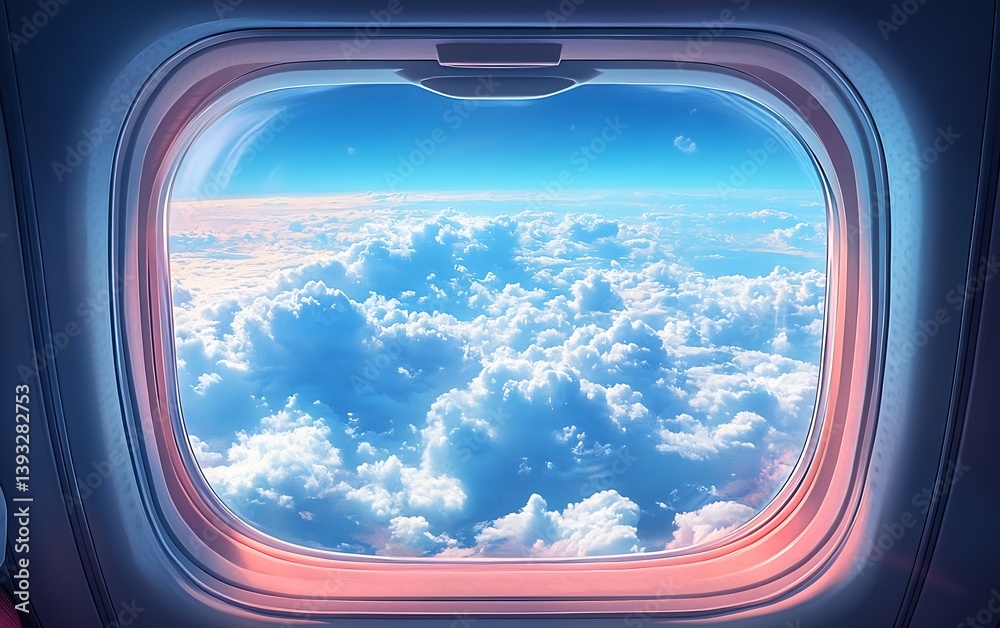 Airplane window view capturing fluffy white clouds against a clear blue sky for travel adventure and peaceful journey : Generative AI Airplane window view capturing fluffy white clouds against a clear blue sky for travel adventure and peaceful journey : Generative AI