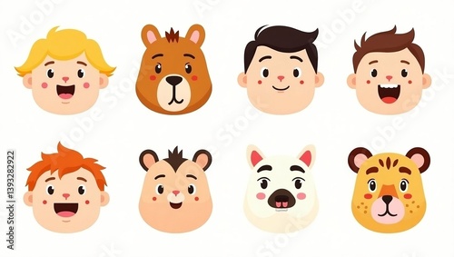 cartoon animal and children head icon