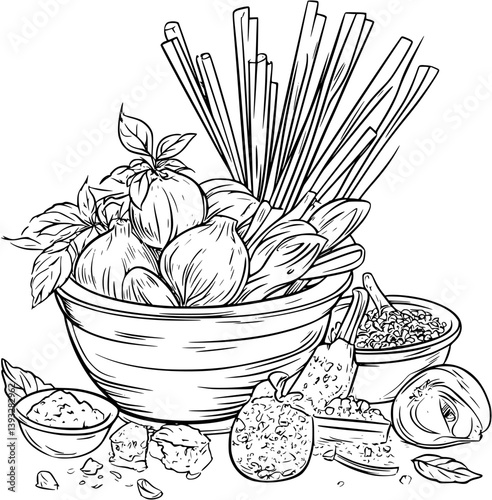 Pesto Pasta coloring book vector design, Pesto Pasta vector image