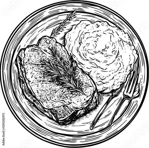 Pork Chops with Mashed Potatoes coloring book vector design, Pork Chops with Mashed Potatoes vector image
