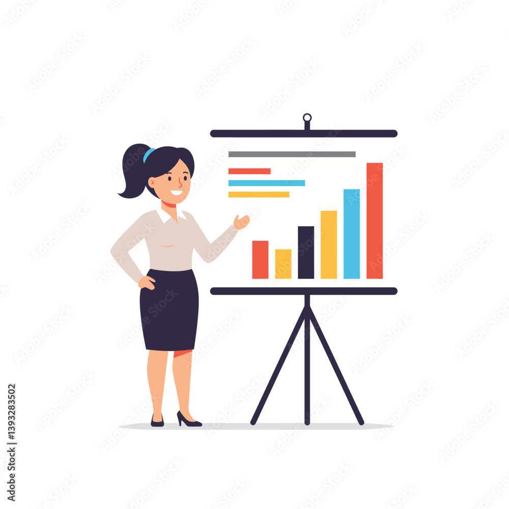 Smiling businesswoman presenting colorful bar chart graph on easel stand, flat vector illustration for business or education Smiling businesswoman presenting colorful bar chart graph on easel stand, flat vector illustration for business or education