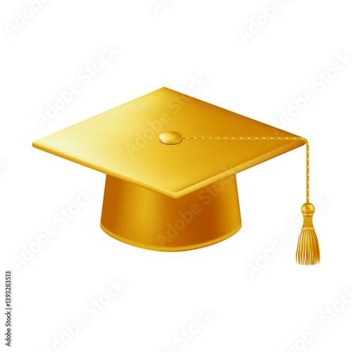 Realistic gold graduate cap. 3D Graduation Doctoral hat.
