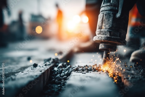 Intense focus on jackhammer pulverizing concrete, creating sparks and dust during road construction, highlighting heavy duty equipment and demanding labor in urban infrastructure repair.